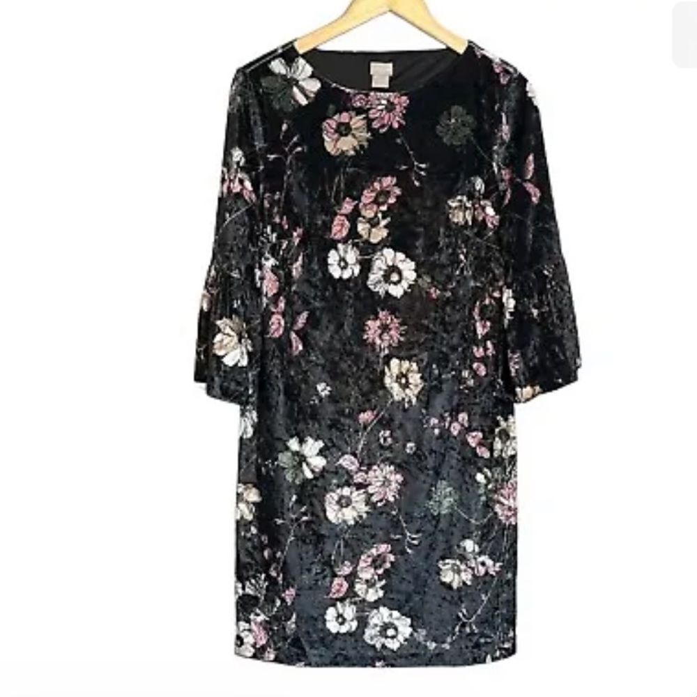 Chico's Velvet Floral Dress Size Medium 3/4 Bell Sleeve Pullover Stretch EUC - Picture 3 of 9